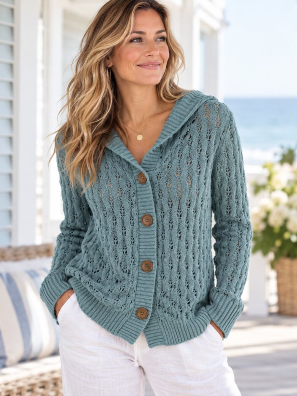 Teal Cable Knit Hooded Cardigan Openwork 100% Cotton Sweater Evy's Tree Large